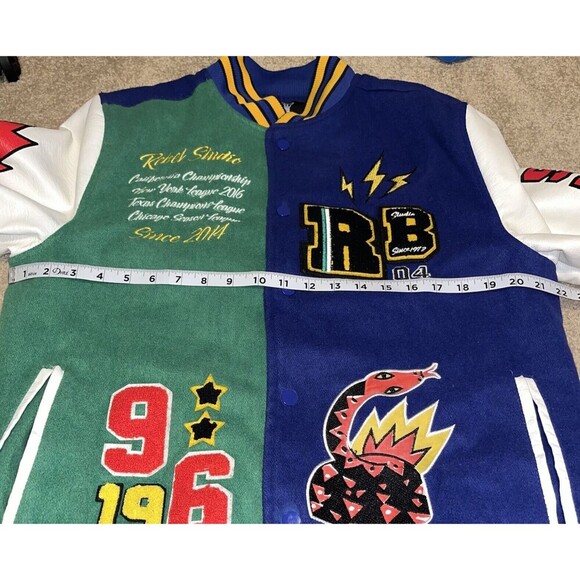 Rebel Minds (M) Velocity Varsity Jacket Blue Leather Embroidered Cobra See Desc - Picture 7 of 16